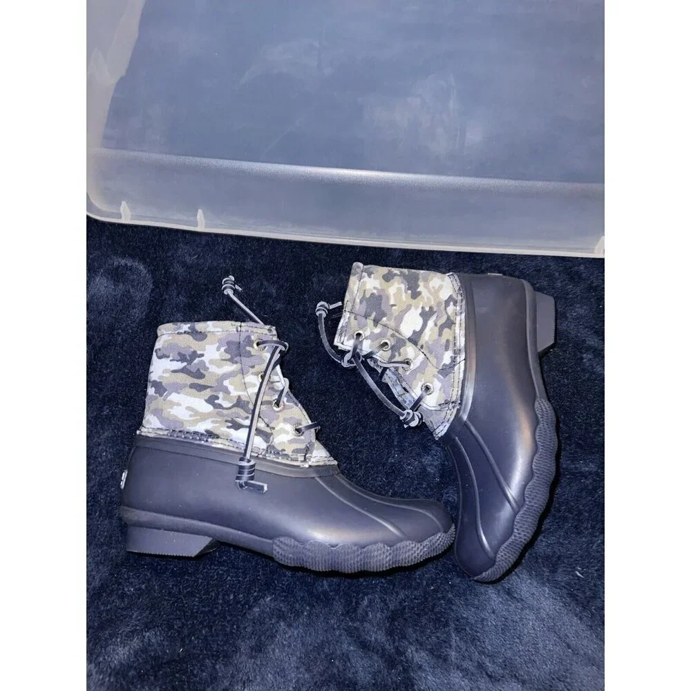 SPERRY Saltwater Camo Navy Blue Water Resistant Boots Youth Sz 1